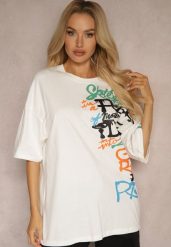 Biała Koszulka T-shirt z Napisami w Stylu Graffiti z Bawełny Venoma. Białe bluzki damskie Renee, l, bez wzorów, z bawełny, bez kołnierzyka. Za 44.99 zł.
