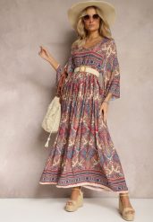 Jasnobeżowa Rozkloszowana Sukienka we Wzór Paisley z Rękawem 3/4 Briarwa. Brązowe sukienki damskie Renee, l, bez wzorów, eleganckie, bez kołnierzyka, bez ramiączek, maxi, rozkloszowane. W wyprzedaży za 79.99 zł.