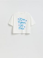 Bawełniany t-shirt z aplikacją - biały. Białe t-shirty damskie Reserved, l, z aplikacjami, z bawełny, bez kołnierzyka. Za 59.99 zł.