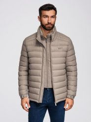 Męska pikowana kurtka z dwoma zapięciami - ciemnobeżowa V4 - Rozmiar: XL. Brązowe kurtki męskie Ombre Clothing, m, z aplikacjami, z materiału, eleganckie, bez kaptura. W wyprzedaży za 254.99 zł.