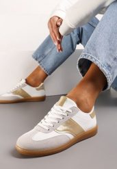 Biało-Złote Sneakersy Tenisówki z Klasycznym Sznurowaniem Norio. Białe trampki i tenisówki damskie Renee, bez wzorów, z jeansu. Za 69.99 zł.