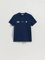 T-shirt regular z nadrukiem - granatowy. Niebieskie t-shirty męskie Reserved, l, bez wzorów, z bawełny, bez kołnierzyka. Za 59.99 zł.