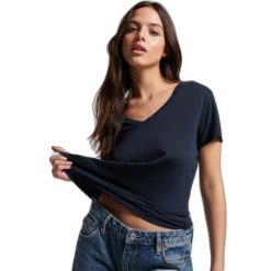 Damska koszulka z haftem i płomieniem v-neck Superdry. Niebieskie bluzki damskie Superdry., bez wzorów, bez kołnierzyka, bez ramiączek. Za 127.75 zł.