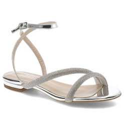 Srebrne Sandały Bayla Eleganckie Płaskie Buty. Szare sandały damskie Bayla, z aplikacjami, ze skóry ekologicznej, bez obcasa, na płaskiej podeszwie. Za 299.00 zł.