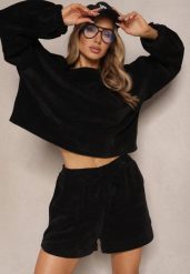 Czarny Basicowy Komplet Szorty i Bluza Novirissa. Czarne bluzy bez kaptura damskie Renee, z materiału. Za 109.99 zł.