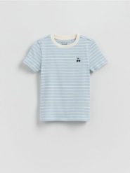 Bawełniany t-shirt w paski - jasnoniebieski. Niebieskie koszulki dziewczęce Reserved, bez wzorów, z bawełny, bez ramiączek. Za 32.99 zł.