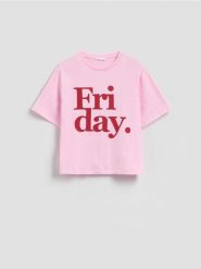 Bawełniany t-shirt z nadrukiem - pastelowy róż. Czerwone t-shirty damskie Reserved, l, bez wzorów, z bawełny, bez kołnierzyka. Za 59.99 zł.