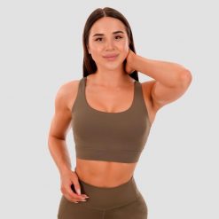 Biustonosz sportowy damski fitness z wycięciem oliwkowy Cut-Out. Zielone biustonosze sportowe damskie GYMBEAM, bez wzorów, z elastanu. Za 81.90 zł.