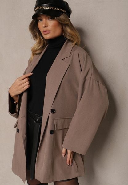 Ciemnobeżowa Oversizowa Marynarka z Klapami i Dwurzędowym Zapięciem Sinthelis. Brązowe marynarki i żakiety damskie Renee, z aplikacjami, eleganckie. Za 109.99 zł.