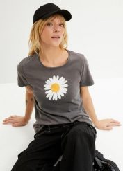 T-shirt z czystej bawełny organicznej. Szare t-shirty damskie bonprix, bez wzorów, z bawełny, bez kołnierzyka. Za 64.99 zł.
