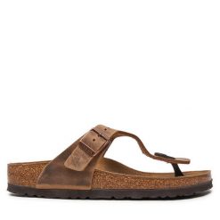 Japonki Birkenstock. Brązowe klapki damskie Birkenstock, bez wzorów, bez obcasa. Za 439.99 zł.