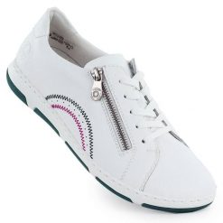 Skórzane półbuty damskie na suwak białe Rieker 42424-80. Białe półbuty damskie Rieker, bez wzorów, ze skóry, bez obcasa. Za 349.00 zł.