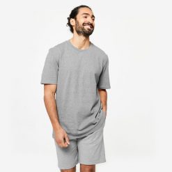 Koszulka fitness męska Domyos krótki rękaw. Szare t-shirty sportowe męskie DOMYOS, l, z bawełny, bez ramiączek, na fitness i siłownię. Za 39.99 zł.