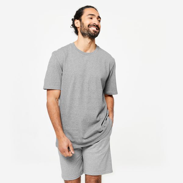 Koszulka fitness męska Domyos krótki rękaw. Szare t-shirty sportowe męskie DOMYOS, l, z bawełny, bez ramiączek, na fitness i siłownię. Za 39.99 zł.