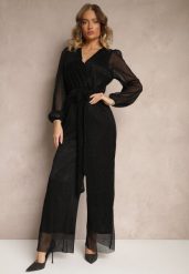 Czarny Kopertowy Kombinezon Ozdobiony Paskiem i Metaliczną Nicią Itarvia. Czarne kombinezony damskie Renee, l, z aplikacjami, eleganckie, bez kołnierzyka, bez ramiączek. Za 159.99 zł.