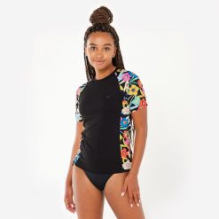 Top UV surfingowy damski Olaian Kanika krótki rękaw. Czarne topy damskie OLAIAN, s, bez wzorów, z materiału, bez kołnierzyka. Za 54.99 zł.