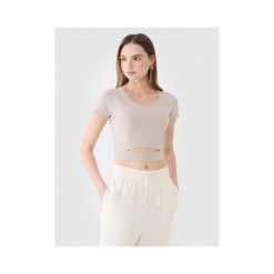 T-shirt crop top gładki damski 4F 4FRSS25TTSHF2695. Brązowe topy damskie 4f, bez wzorów, z bawełny, bez kołnierzyka. Za 34.99 zł.
