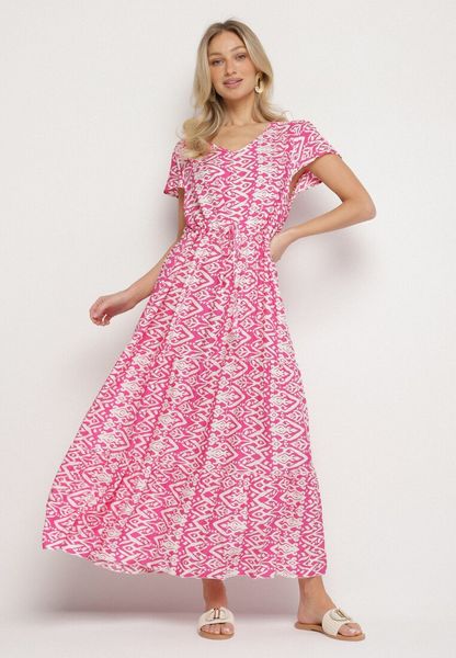 Różowa Bawełniana Sukienka Ozdobiona Azteckim Wzorem ze Sznurkiem w Talii Orrialle. Czerwone sukienki damskie Born2be, na lato, l, bez wzorów, z bawełny, bez kołnierzyka, bez ramiączek. Za 69.99 zł.