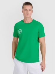 4F T-shirt regular z nadrukiem męski - zielony L. Zielone t-shirty męskie 4f, l, bez wzorów, z bawełny, bez kołnierzyka. Za 49.99 zł.