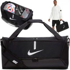 Torba sportowa Nike Academy Team na siłownię basen z wentylowaną kieszenią 60L. Czarne torby męskie na ramię Nike, bez wzorów, na ramię. Za 126.88 zł.