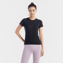 Koszulka do jogi damska Kimjaly krótki rękaw. Czarne t-shirty damskie KIMJALY, l, bez wzorów, z elastanu, bez kołnierzyka. Za 79.99 zł.