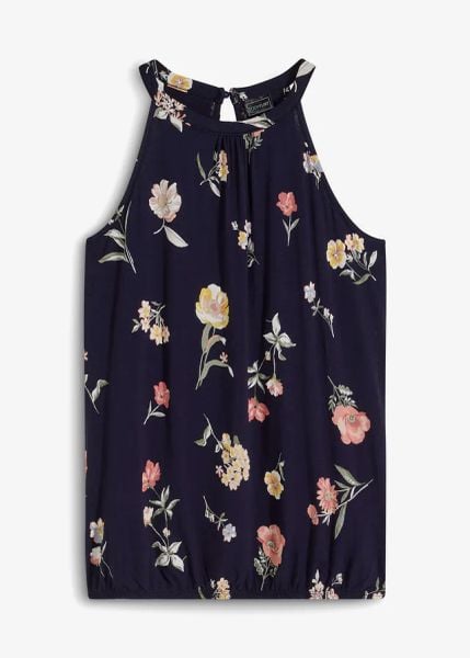 Top z mieszanki wiskozy. Niebieskie topy damskie bonprix, bez wzorów, z materiału, bez kołnierzyka. Za 52.99 zł.