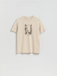 T-shirt regular z nadrukiem - beżowy. Brązowe t-shirty męskie Reserved, l, bez wzorów, z bawełny, bez kołnierzyka. Za 59.99 zł.