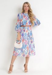 Niebieska Plisowana Sukienka Midi z Paskiem Hyacida. Niebieskie sukienki damskie Born2be, na imprezę, l, bez wzorów, eleganckie, bez kołnierzyka, bez ramiączek, midi. W wyprzedaży za 127.99 zł.