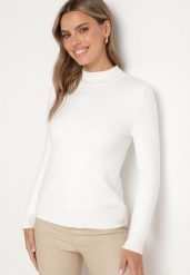 Biały Sweter z Wiskozą o Prostym Kroju ze Stójką i Wewnętrznym Ociepleniem Gemira. Białe golfy damskie Born2be, z jeansu, bez kołnierzyka. Za 54.99 zł.