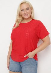 Czerwony T-shirt Koszulka z Krótkim Rękawem o Ażurowym Wykończeniu Meaara. Czerwone bluzki damskie Born2be, plus size, w ażurowe wzory, biznesowe, bez kołnierzyka, plus size, bez ramiączek. Za 34.99 zł.