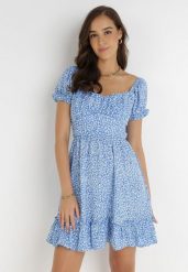 Niebieska Sukienka Emas. Niebieskie sukienki damskie Born2be, m, bez wzorów, z tkaniny, bez kołnierzyka, bez ramiączek, mini. W wyprzedaży za 127.99 zł.
