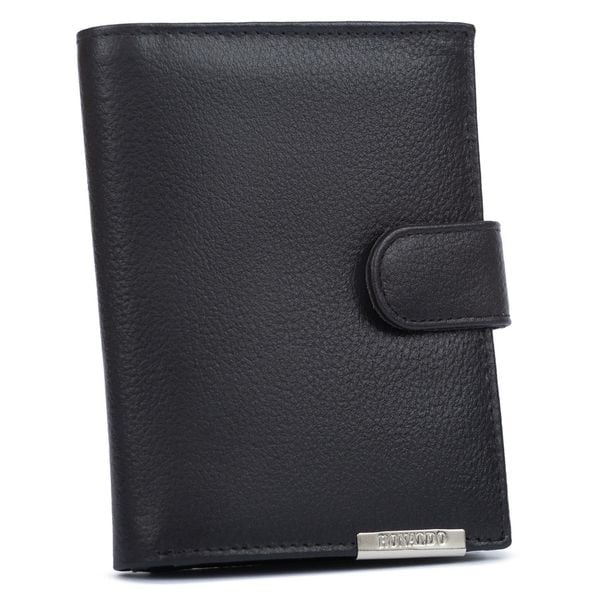 Duży, skórzany portfel męski w czarnym kolorze zamykany zatrzaskiem - 4U Cavaldi. Czarne portfele męskie 4U Cavaldi, bez wzorów, ze skóry. Za 45.00 zł.