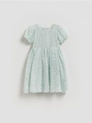 Sukienka z bufiastymi rękawami - jasnoturkusowy. Niebieskie sukienki dziewczęce Reserved, bez wzorów, z materiału, bez ramiączek. Za 99.99 zł.