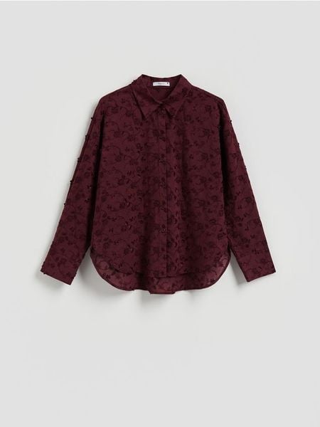 Bawełniana koszula z haftowaniem - burgundowy. Czerwone koszule damskie Reserved, l, bez wzorów, z bawełny, bez kołnierzyka, bez ramiączek. Za 149.99 zł.