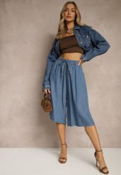 Niebieskie Szerokie Szorty Bermudy z Ozdobnym Wiązaniem Terpio. Niebieskie szorty damskie Renee, z aplikacjami, eleganckie. Za 44.99 zł.