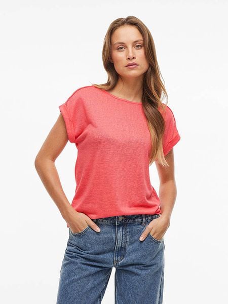 Vila Koszulka "Ciara" w kolorze koralowym rozmiar: S. Czerwone bluzki damskie Vila, s, bez wzorów, bez kołnierzyka. Za 78.28 zł.