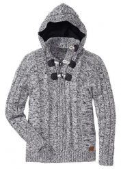 Gruby sweter z kapturem, regular fit. Czarne kardigany męskie bonprix, m, z aplikacjami, z dzianiny, bez kołnierzyka. Za 189.99 zł.