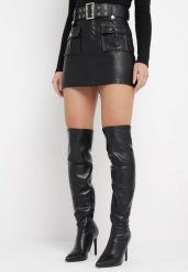 Czarna Spódnica Mini z Szerokim Paskiem z Klamrą i Kieszeniami Quinora. Czarne spódniczki damskie Born2be, m, bez wzorów, mini. Za 139.99 zł.
