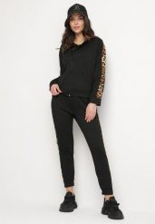 Czarny Komplet Dresowy Bluza i Spodnie ze Zdobieniami w Panterkę Solhiris. Czarne bluzy z kapturem damskie Born2be, m, z bawełny. Za 84.99 zł.
