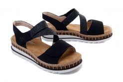 Rieker V7974-14 blau, sandały damskie. Niebieskie sandały damskie Rieker, bez wzorów, bez obcasa, na koturnie. Za 329.90 zł.