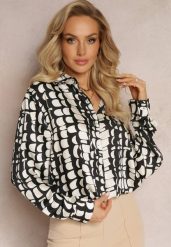 Czarna Koszula w Abstrakcyjny Geometryczny Wzór Nareena. Czarne koszule damskie Renee, l, bez wzorów, bez kołnierzyka, bez ramiączek. Za 79.99 zł.