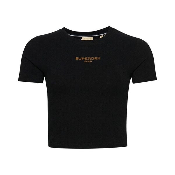 Dopasowana koszulka z motywem dla kobiet Superdry Sport Luxe. Czarne bluzki sportowe damskie Superdry., l, bez wzorów, z bawełny, bez ramiączek. Za 132.40 zł.