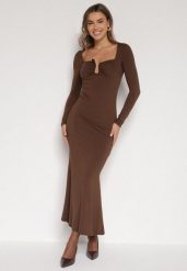 Brązowa Koktajlowa Sukienka z Wiskozą i Metaliczną Ozdobą Refare. Brązowe sukienki damskie Born2be, na imprezę, s, z aplikacjami, z wiskozy, eleganckie, bez kołnierzyka, bez ramiączek. Za 129.99 zł.