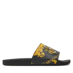 Klapki Versace Jeans Couture. Czarne klapki damskie Versace Jeans Couture, bez wzorów, z jeansu, bez obcasa. Za 379.99 zł.