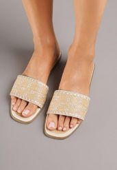 Beżowe Klapki z Geometrycznym Wzorem w Stylu Boho Zeroma. Brązowe klapki damskie Born2be, bez wzorów, bez obcasa, na płaskiej podeszwie. Za 49.99 zł.