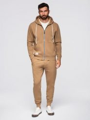 Komplet dresowy męski set bluza rozpinana z kapturem + spodnie joggery - camel V2 - Rozmiar: S. Brązowe bluzy z kapturem męskie Ombre Clothing, m, z bawełny. Za 339.99 zł.