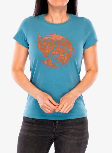 Koszulka damska Fjallraven Arctic Fox Print T-shirt. Niebieskie t-shirty damskie Fjällräven, na lato, l, bez wzorów, z bawełny, bez ramiączek. Za 197.99 zł.