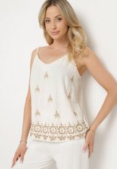 Beżowy Top z Lnem i Wiskozą z Haftem w Stylu Boho Ronira. Brązowe topy damskie Born2be, l, bez wzorów, z jeansu, bez kołnierzyka. Za 84.99 zł.