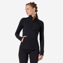 Bluza na zamek damska Domyos fitness 900 training. Czarne bluzy sportowe damskie DOMYOS, l, bez wzorów, z materiału, bez ramiączek, długie, bez kaptura. Za 169.99 zł.