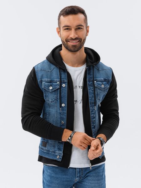 Kurtka męska jeansowa katana z kapturem - niebiesko-czarna. Czarne kurtki męskie Ombre Clothing, m, bez wzorów, z bawełny, klasyczne, z kapturem. W wyprzedaży za 149.99 zł.